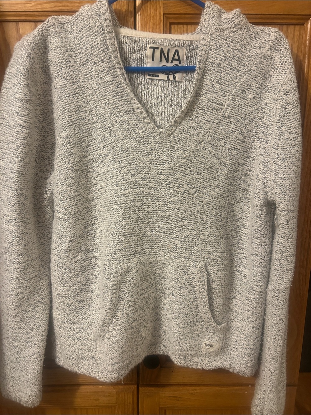 TNA Light Gray Marled V‑Neck Knit Hoodie